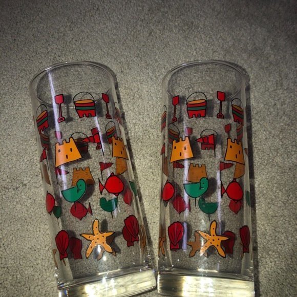 Vintage Sandcastle Bucket Bird Fish HIGHBALL GLASSES (2) OCEAN BARWARE - Picture 2 of 12